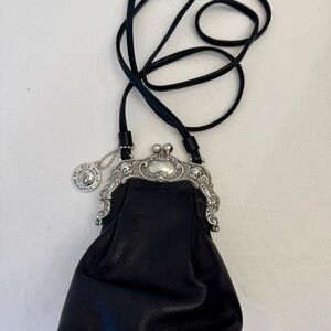Brighton Vintage Kisslock Black Leather Mini Bag with Silver Angels Detail